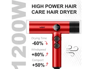 Uscător de păr profesional VGR-401 roșu cu ioni negativi, motor BLDC pentru uscare rapidă cu zgomot redus, afișaj LED