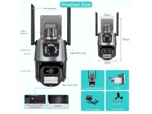 Cameră duală WiFi rotativă pentru exterior, cu inteligență artificială, 8MP, cu două obiective, ICSee, neagră