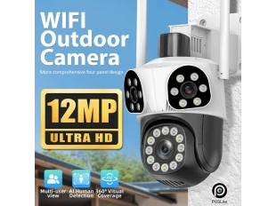 Cameră triplă WiFi rotativă pentru exterior, 12MP, cu AI, trei obiective și zoom 10x, ICSee, albă