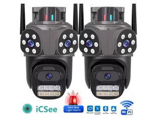 2 camere triplă rotative WiFi AI pentru exterior, 10MP, cu trei obiective, ICSee, neagră