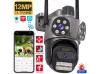 2 camere triplă rotative WiFi AI pentru exterior, 10MP, cu trei obiective, ICSee, neagră