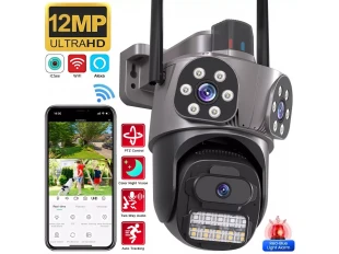 Cameră triplă WiFi rotativă pentru exterior, 10MP, cu inteligență artificială, cu trei obiective, ICSee, neagră