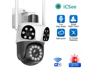 Cameră triplă WiFi rotativă pentru exterior, 12MP, cu AI, trei obiective și zoom 10x, ICSee, albă