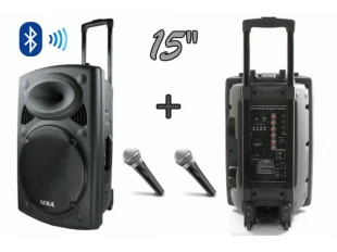 Difuzor de 15" cu baterie încorporată, Bluetooth, player MP3, 2 microfoane wireless pentru karaoke