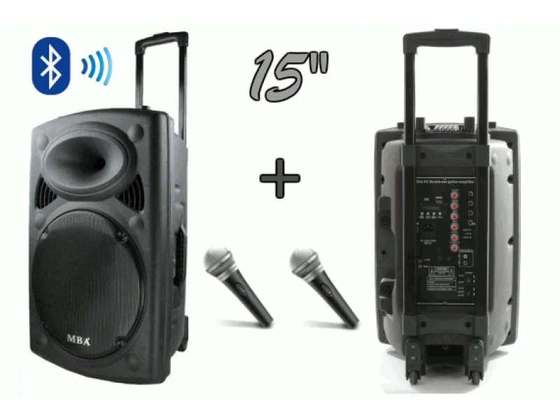 Difuzor de 15" cu baterie încorporată, Bluetooth, player MP3, 2 microfoane wireless pentru karaoke
