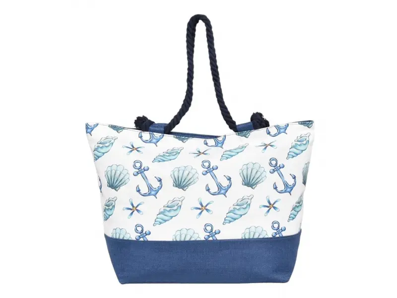 Geantă de plajă albastră cu scoici și ancore
