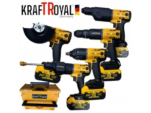 Set universal KraftRoyal 5 în 1 cu 5 accesorii: șurubelniță, cheie de impact, percuție, ciocan rotopercutor, jet de apă și polizor unghiular