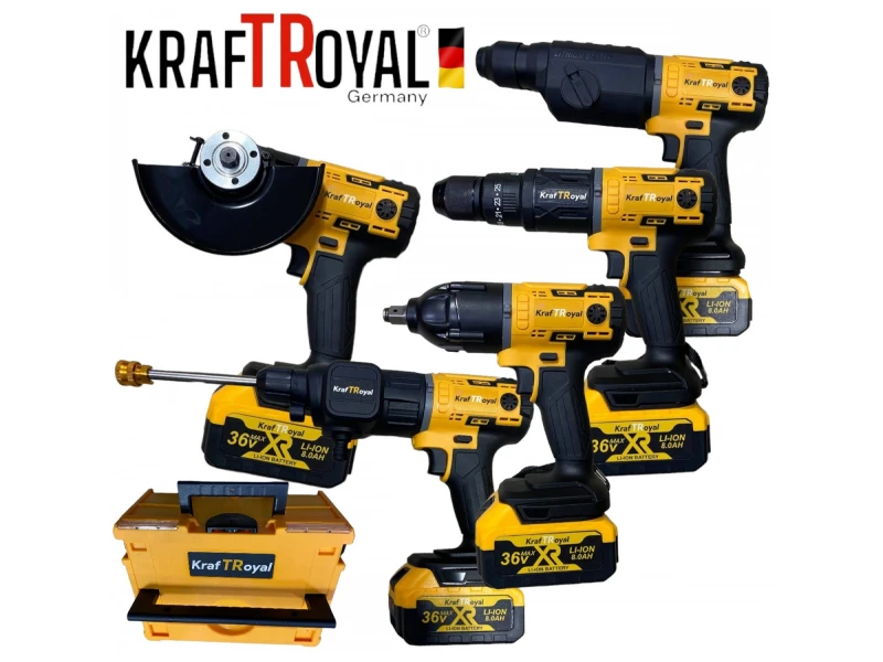 Set universal KraftRoyal 5 în 1 cu 5 accesorii: șurubelniță, cheie de impact, percuție, ciocan rotopercutor, jet de apă și polizor unghiular