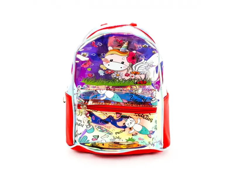 Rucsac roșu transparent cu unicorn