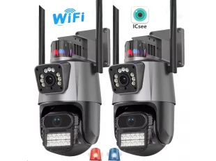 2 buc. Cameră duală rotativă WiFi AI pentru exterior, 8MP, cu două obiective, ICSee, neagră
