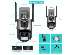 2 buc. Cameră duală rotativă WiFi AI pentru exterior, 8MP, cu două obiective, ICSee, neagră