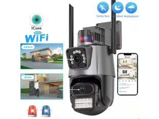 Cameră duală WiFi rotativă pentru exterior, cu inteligență artificială, 8MP, cu două obiective, ICSee, neagră
