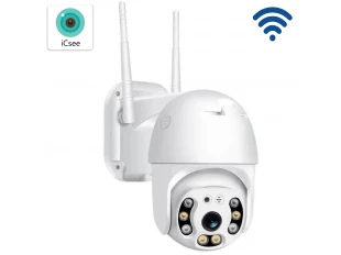 Cameră WiFi rotativă de exterior cu inteligență artificială de 5MP, ICSee, albă