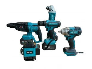 Set de ciocan perforator fără fir, polizor unghiular, cheie, șurubelniță și laser pentru construcții cu 16 linii