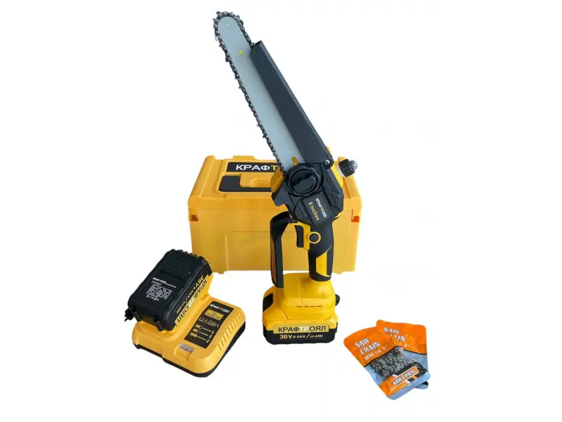 Ferăstrău cu lanț fără fir 20cm cu afișaj și lubrifiere automată KraftRoyal 36V 8AH + 2 lanțuri Ferăstrău cu lanț fără fir 20cm cu afișaj și lubrifiere automată KraftRoyal 36V 8AH + 2 lanțuri