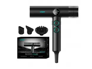Uscător de păr profesional VGR-401 negru cu ioni negativi, motor BLDC pentru uscare rapidă cu zgomot redus, afișaj LED