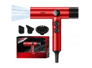 Uscător de păr profesional VGR-401 roșu cu ioni negativi, motor BLDC pentru uscare rapidă cu zgomot redus, afișaj LED
